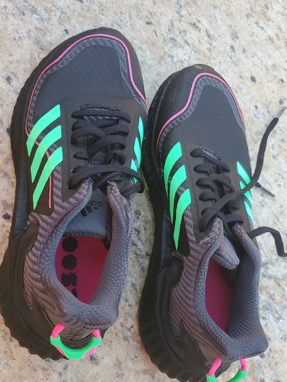adidas Black Sneakers with Neon Green Stripes and Pink Accents